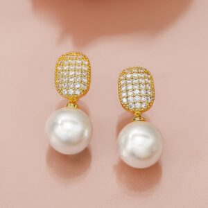 18K Gold-Plated Pearl Drop Earrings with Cushion-Shaped Diamond Studded Top