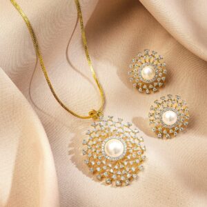 18K Gold-Plated Pearl & White Cubic Zirconia Studded Sunburst Pendant Necklace Set - Design 1