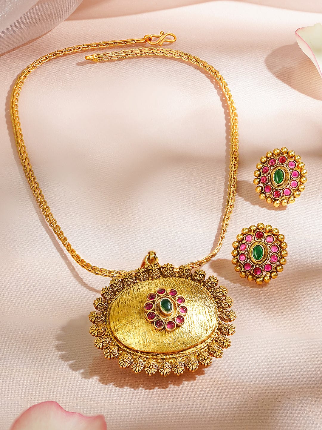 rubans-18k-gold-plated-pendant-set-with-textured-floral-frame-and-green-ruby-pink-stones-necklaces-necklace-sets-chains-mangalsutra-1183535702.jpg