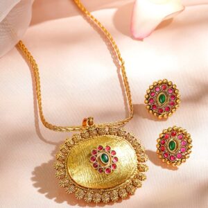 18K Gold-Plated Pendant Set with Textured Floral Frame and Green & Ruby Pink Stones