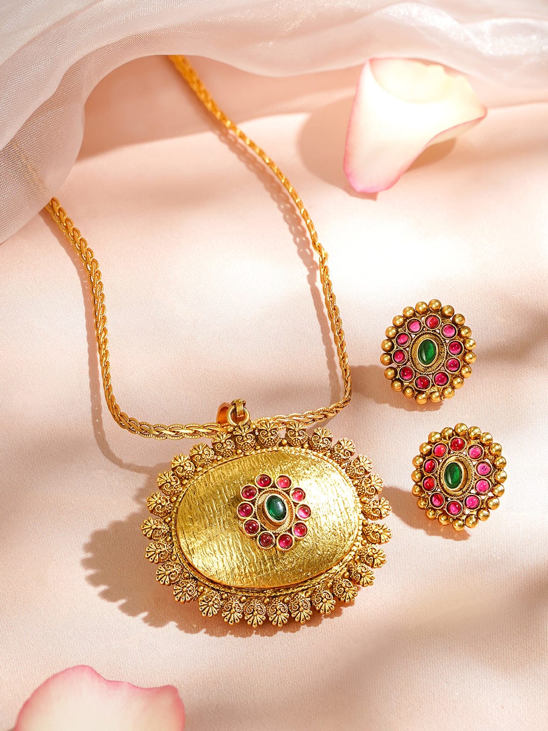 18K Gold-Plated Pendant Set with Textured Floral Frame and Green & Ruby Pink Stones
