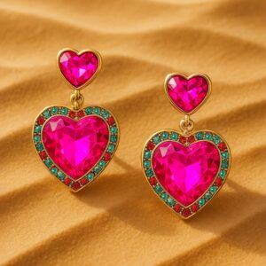 18K Gold Plated Pink Heart Shape Crystal Zicronia & Multicolor Accent Drop Earrings - Gold