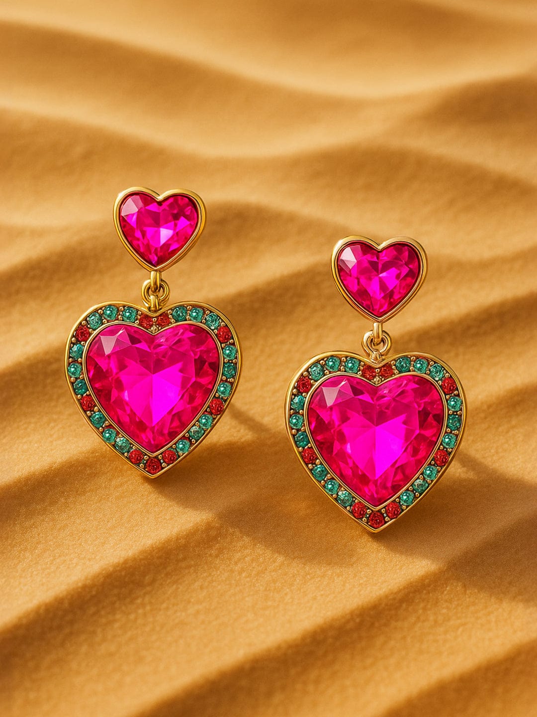 18K Gold Plated Pink Heart Shape Crystal Zicronia & Multicolor Accent Drop Earrings - Gold