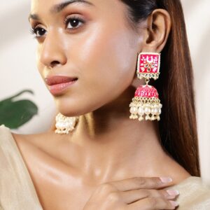 18K Gold-Plated Pink Kundan Studded Enamel Handcrafted Dome Jhumkas with White Beads - Pink