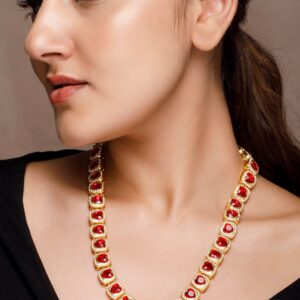 18K Gold Plated Red Heart Shaped Crystal Choker Necklace with CubicZirconia Accents - Gold