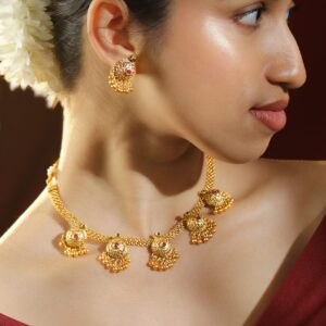 18K Gold-Plated Ruby & Emerald Studded Temple Motif Gold Beaded Necklace Set for Women