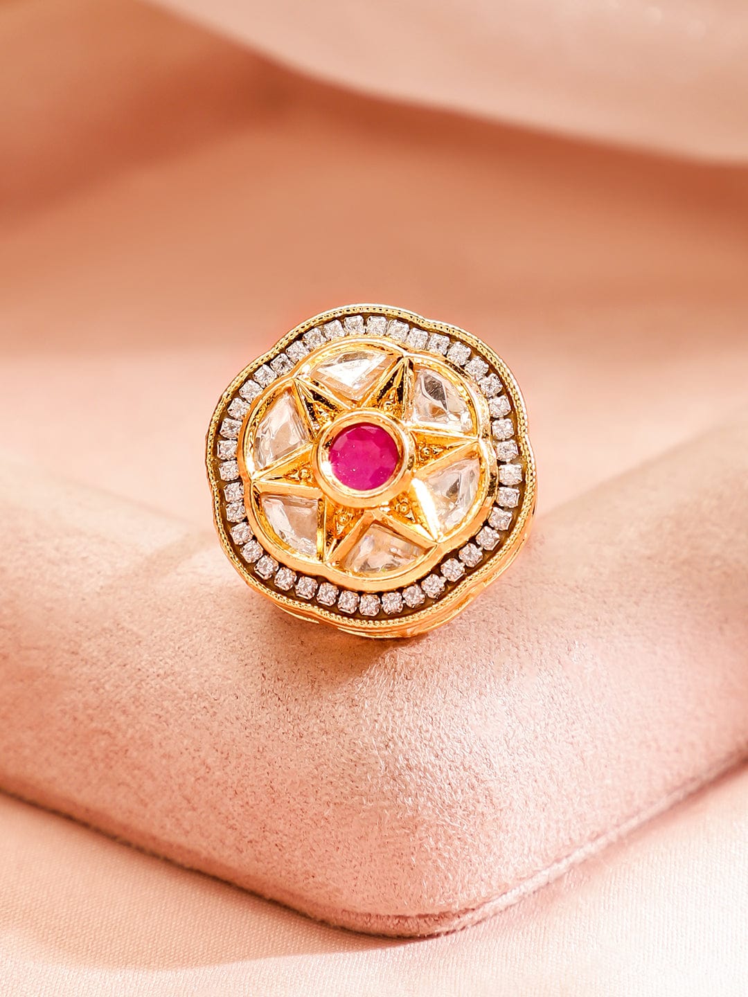 18K Gold-Plated Ruby, Kundan & Cubic Zirconia Studded Adjustable Finger Ring - Gold
