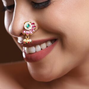 18K Gold-Plated Ruby Pink & Emerald Green Floral Nath with Pearl Beads – Non-Pierced Clip-On Nose Pin