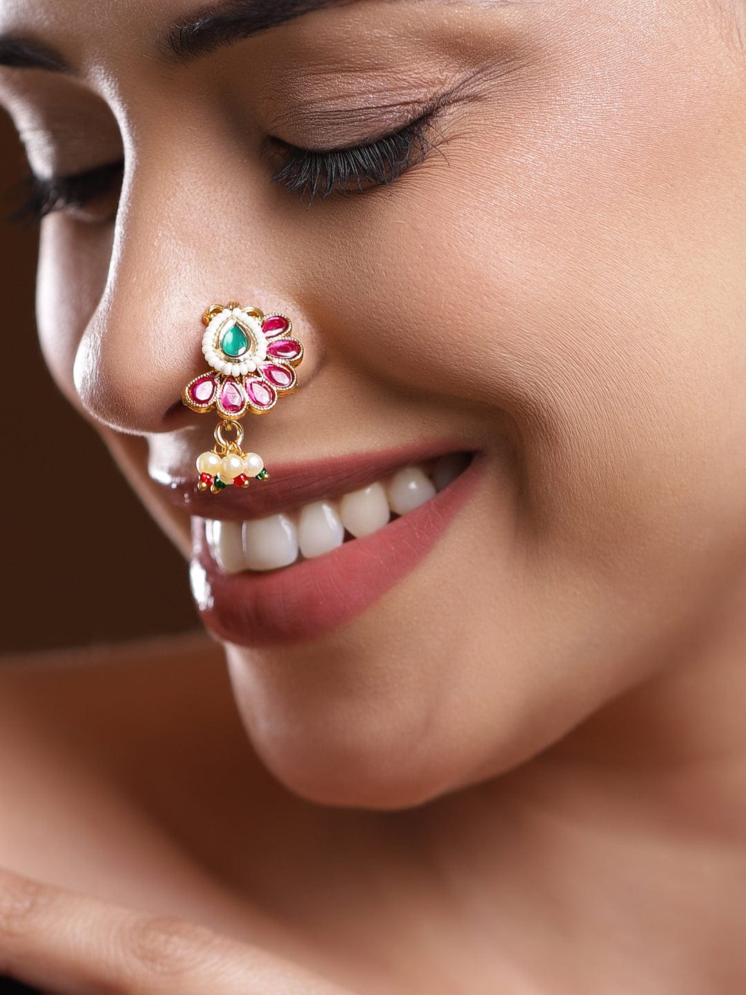 18K Gold-Plated Ruby Pink & Emerald Green Floral Nath with Pearl Beads – Non-Pierced Clip-On Nose Pin
