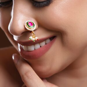 18K Gold-Plated Ruby Pink Stone Oval Non-Pierced Clip-On Nath with Green Enamel & Pearl Drops