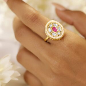 18K Gold-Plated Ruby Pink Stone with Kundan & Pearl Studded Adjustable Ring