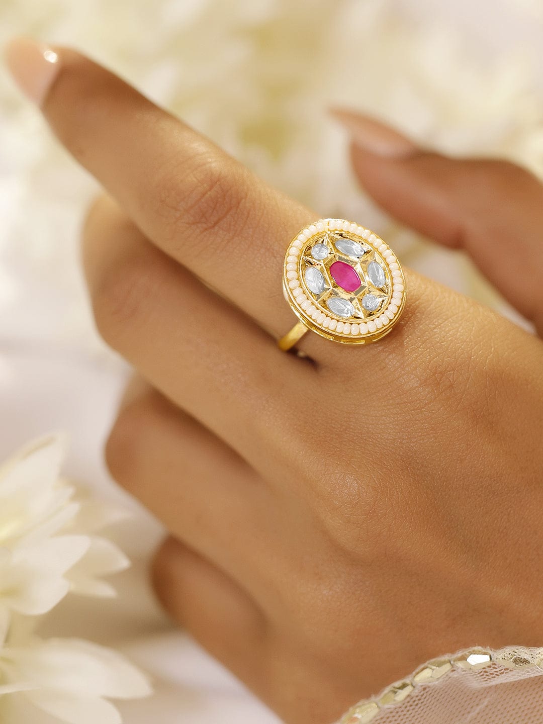 18K Gold-Plated Ruby Pink Stone with Kundan & Pearl Studded Adjustable Ring