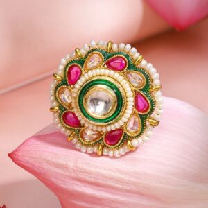 18K Gold-Plated Ruby Pink White Kundan & Green Enamel Floral Adjustable Finger Ring