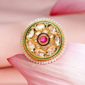 18K Gold-Plated Ruby Pink & White Kundan Studded Adjustable Finger Ring