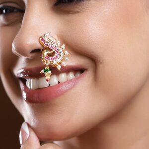 18K Gold-Plated Ruby Pink & White Stone Peacock Nath Nose Pin with Pearl Drops