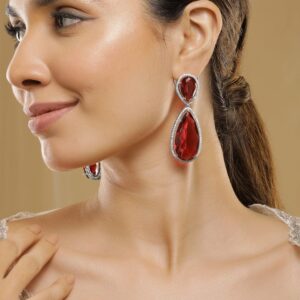 18K Gold-Plated Ruby Red & Cubic Zirconia Studded Premium Drop Earrings - Gold