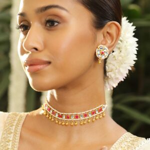 18K Gold-Plated RubyPink & White Kundan Stone Choker Set with Gold Beaded Detailing - Pink