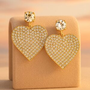 18K Gold-Plated Shimmery AD & Cubic Zirconia Studded Heart Dangle Earrings