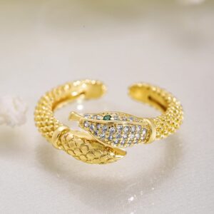 18K Gold Plated Snake Design Cubic Zirconia Studded Adjustable Ring - Gold
