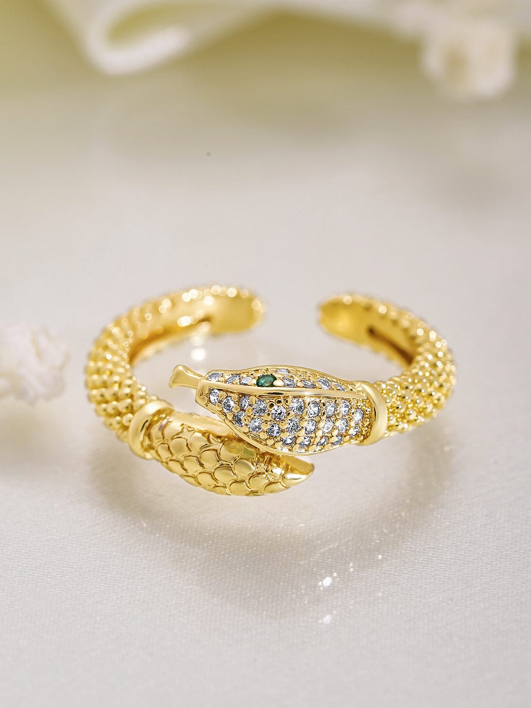 18K Gold Plated Snake Design Cubic Zirconia Studded Adjustable Ring - Gold