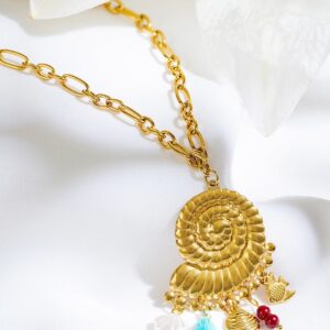 18K Gold-Plated Spiral Shell Pendant Necklace with Multi-Coloured Beads & Charms Brass Chain