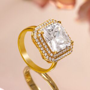 18K Gold-Plated Square-Cut Cubic Zirconia Halo Design Adjustable Statement Ring