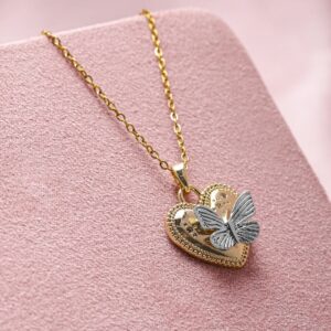 18K Gold Plated Stainless Steel Tarnish-Free Waterproof Butterfly Heart Pendant Necklace - Gold