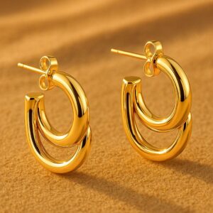 18K Gold Plated Stainless Steel Tarnish-Free Waterproof Double Hoop Earrings - Gold