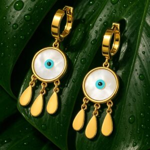 18K Gold-Plated Stainless Steel Tarnish-Free Waterproof Evil Eye Hoop Drop Earrings - Gold