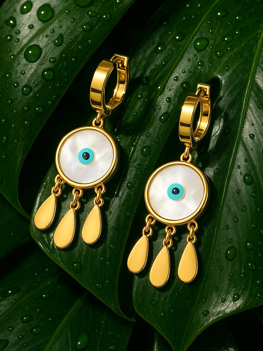 18K Gold-Plated Stainless Steel Tarnish-Free Waterproof Evil Eye Hoop Drop Earrings - Gold