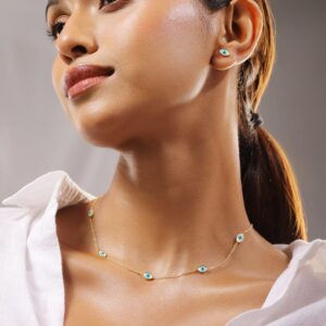 18K Gold-Plated Stainless Steel Tarnish-Free Waterproof Evil Eye Necklace Set - Blue