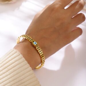 18K Gold-Plated Stainless Steel Tarnish-Free Waterproof Evil Eye Openable Bracelet - Gold