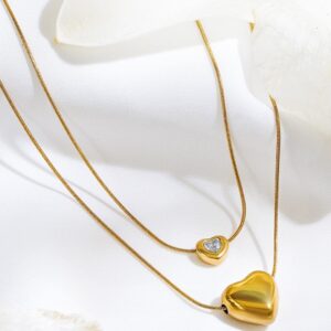 18K Gold-Plated Stainless Steel Tarnish-Free Waterproof Heart Charm Double Layer Necklace with AD Studded Detailing