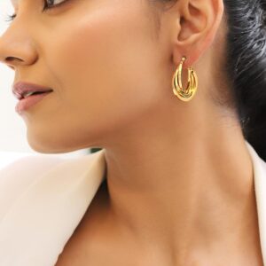 18K Gold Plated Stainless Steel Tarnish Free Waterproof Triple-Layered Hoop Earring