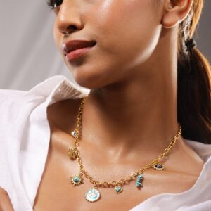 18K Gold-Plated StainlessSteel TarnishFree Waterproof Evil Eye Charm Chain Necklace - Gold