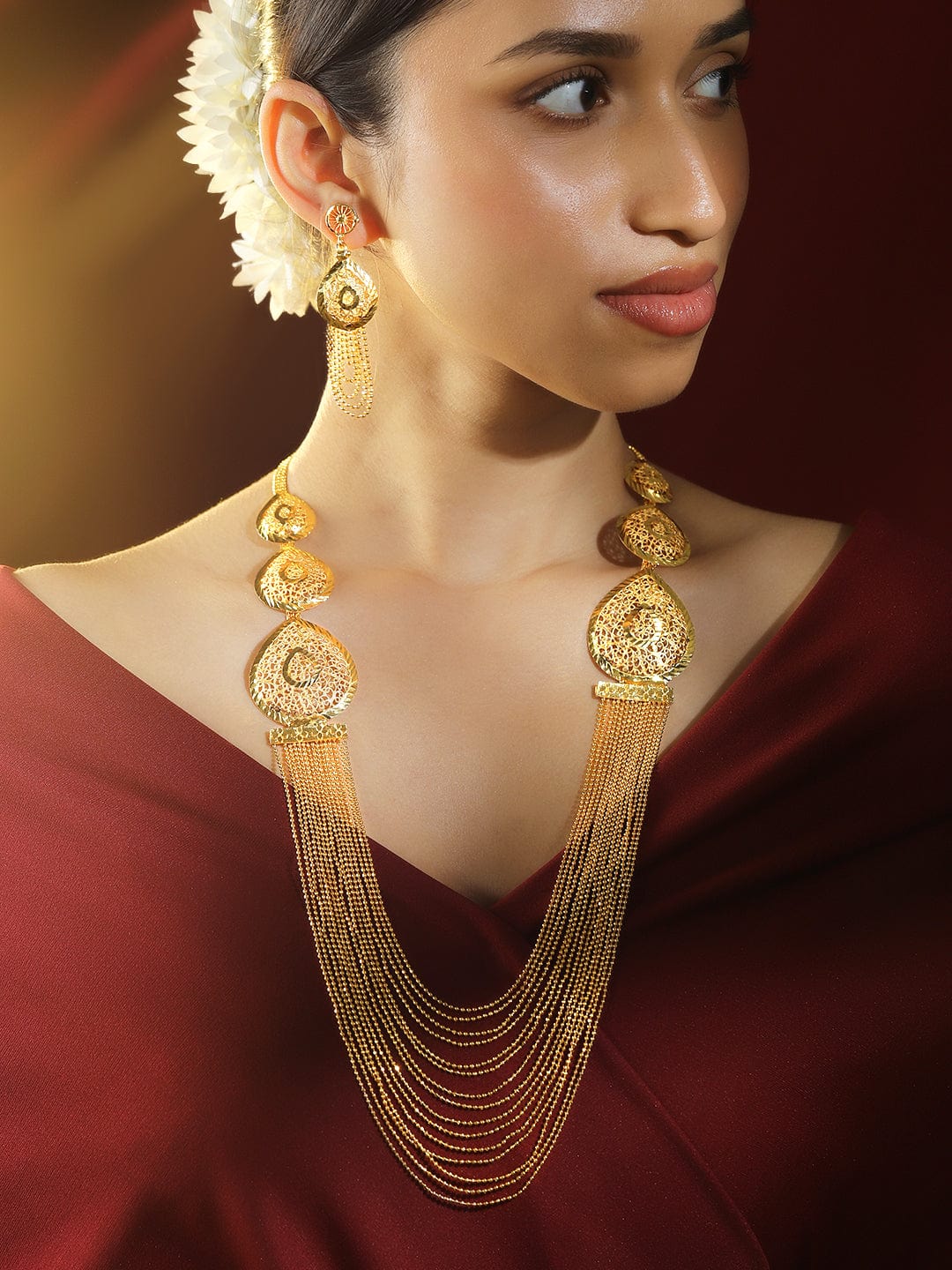 18K Gold-Plated Textured Disc & Multi-Layer Beaded Statement Necklace Set for Women