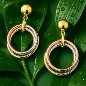 18K Gold Plated Triple-Tone Hoop Earrings in Gold, Silver & Copper Circular Design