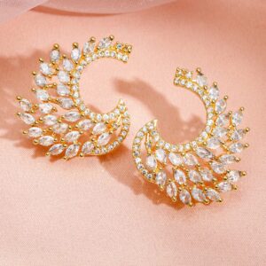 18K Gold-Plated White Cubic Zirconia Feather-Shaped Statement Stud Earrings