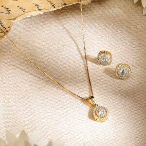 18K Gold-Plated White Cubic Zirconia Studded Circular Pendant Set with Earrings for Women
