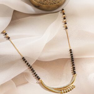 18K Gold-Plated White Cubic Zirconia Studded Crescent Moon Mangalsutra Set with Black Beaded Chain & Floral Earrings - Gold