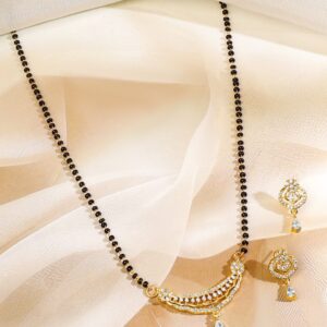 18K Gold-Plated White Cubic Zirconia Studded Curved Bar Mangalsutra Set with Black Beaded Chain & Earrings - Gold