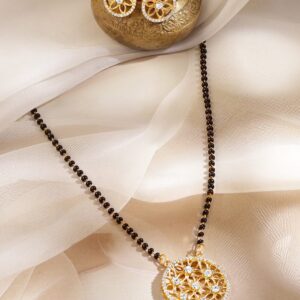 18K Gold-Plated White Cubic Zirconia Studded Floral Pendant Mangalsutra Set with Black Beaded Chain & Earrings - Gold