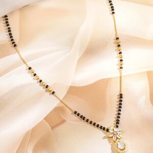 18K Gold-Plated White Cubic Zirconia Studded Floral & Teardrop Pendant Mangalsutra with Black & Gold Beaded Chain - Gold
