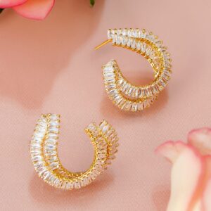 18K Gold-Plated White Cubic Zirconia Studded Spiral Design Statement Stud Earrings