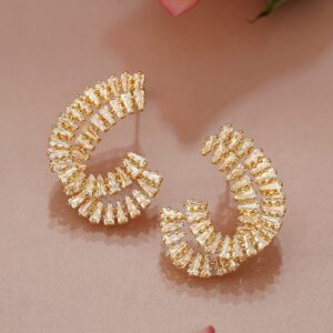 18K Gold-Plated White Cubic Zirconia Studded Spiral Design Stud Earrings