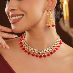 18K Gold-Plated White Kundan Choker Necklace Set with Ruby Red Beads and White Pearls