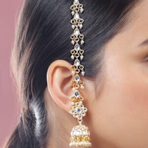 18K Gold-Plated White Kundan & Glossy Ruby Pink & White Pearl Beaded Long Jhumka Earring Extension - Design 2