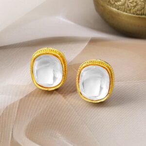 18K Gold-Plated White Kundan Stud Earrings in Square Design