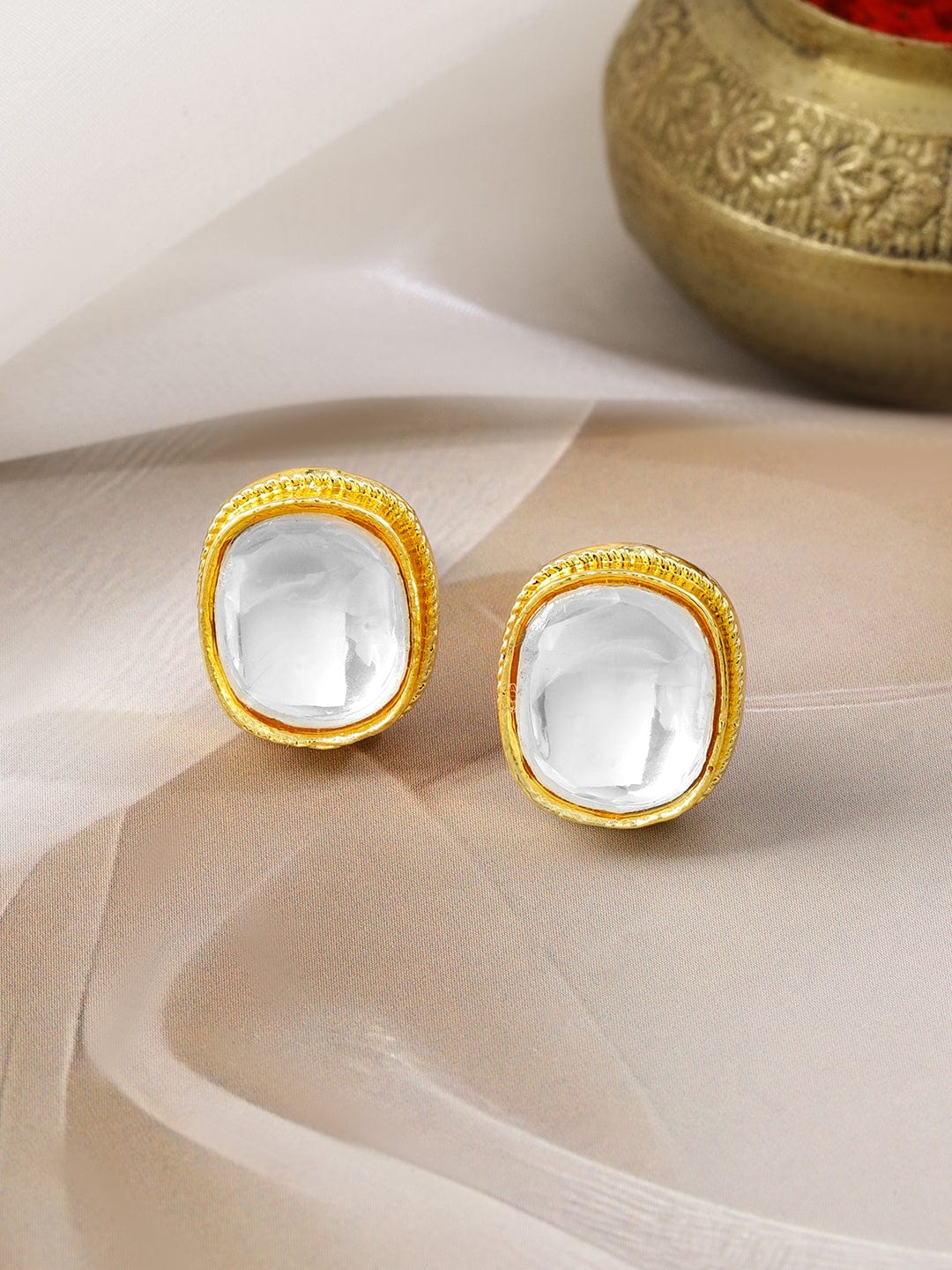 18K Gold-Plated White Kundan Stud Earrings in Square Design