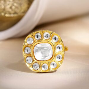 18K Gold-Plated White Kundan Studded Circular Adjustable Finger Ring